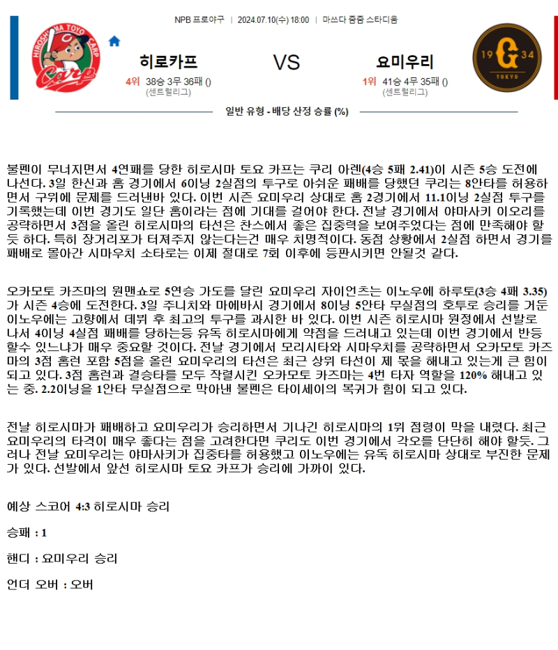 2024년7월10일 요미우리 자이언츠 히로시마 도요 카프 일본야구 중계 및 분석 올스티비