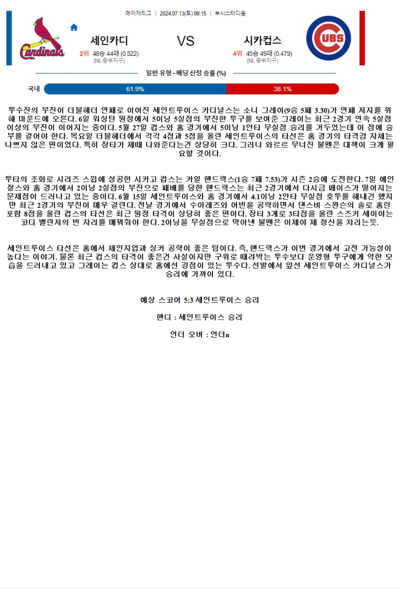 2024년7월13일 시카고 컵스 세인트루이스 카디널스 MLB 중계 및 분석 올스티비