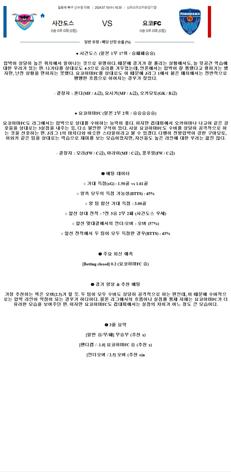 2024년7월10일 사간도스 요코 FC 해외스포츠 중계 및 분석 올스티비