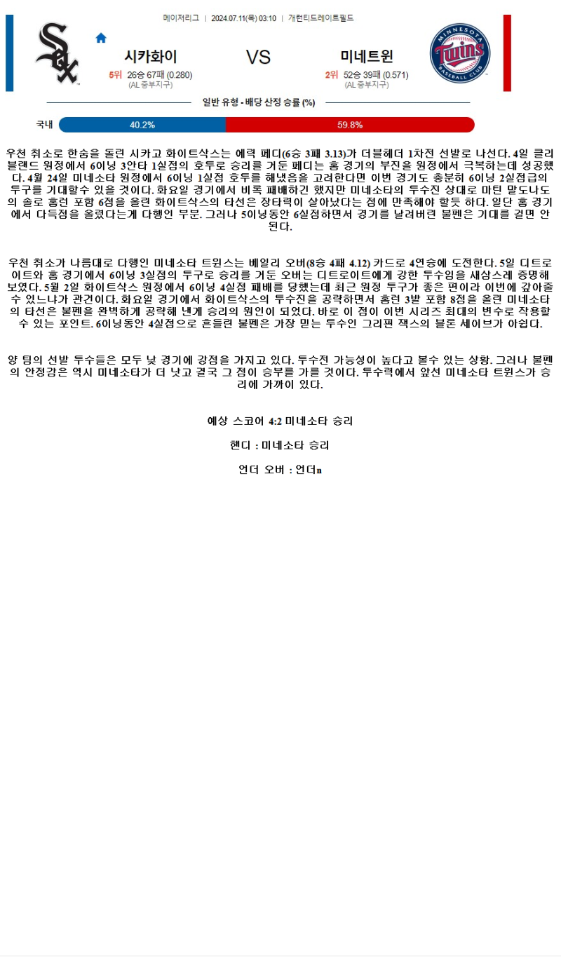 2024년7월11일 미네소타 트윈스 시카고 화이트삭스 해외야구 중계 및 분석 올스티비