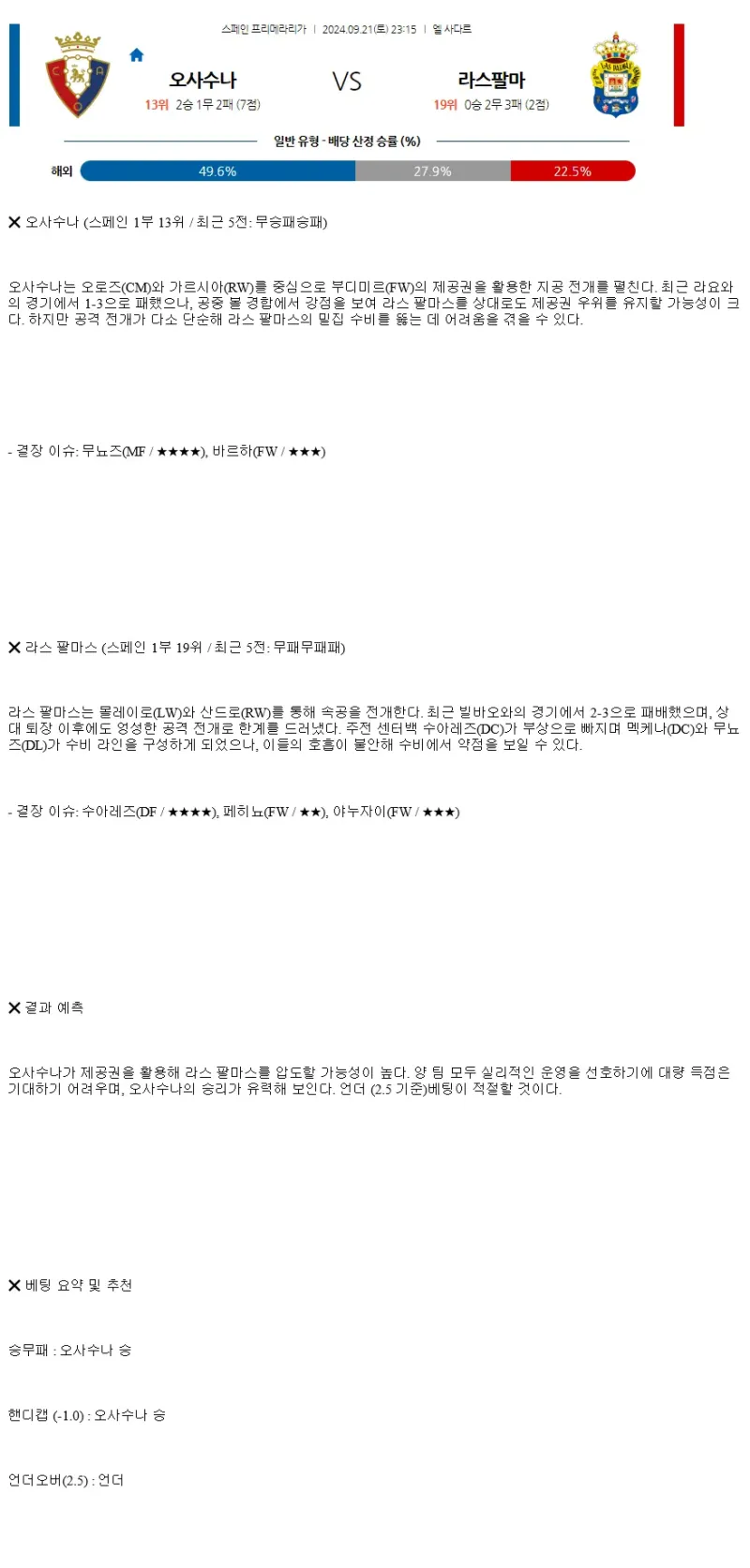 2024년9월21일 CA 오사수나 UD 라스팔마스 해외축구 분석 및 중계 올스티비