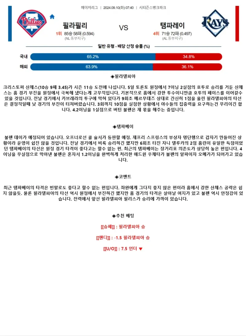 2024년9월10일 탬파베이 레이스 필라델피아 필리스 MLB 중계 및 분석 올스티비
