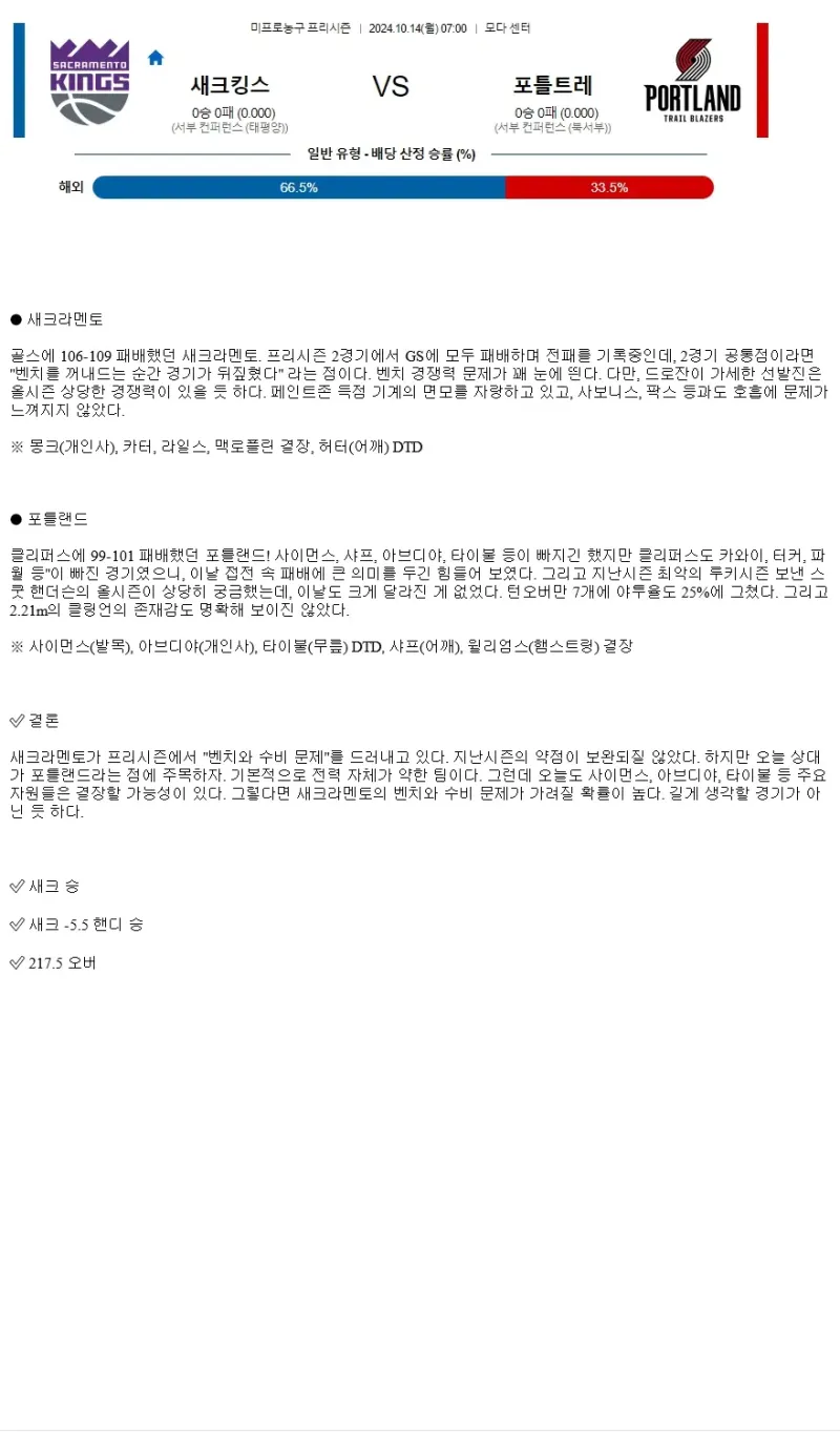 2024년10월14일 새크라멘토 포틀랜드 해외농구 중계 및 분석 올스티비