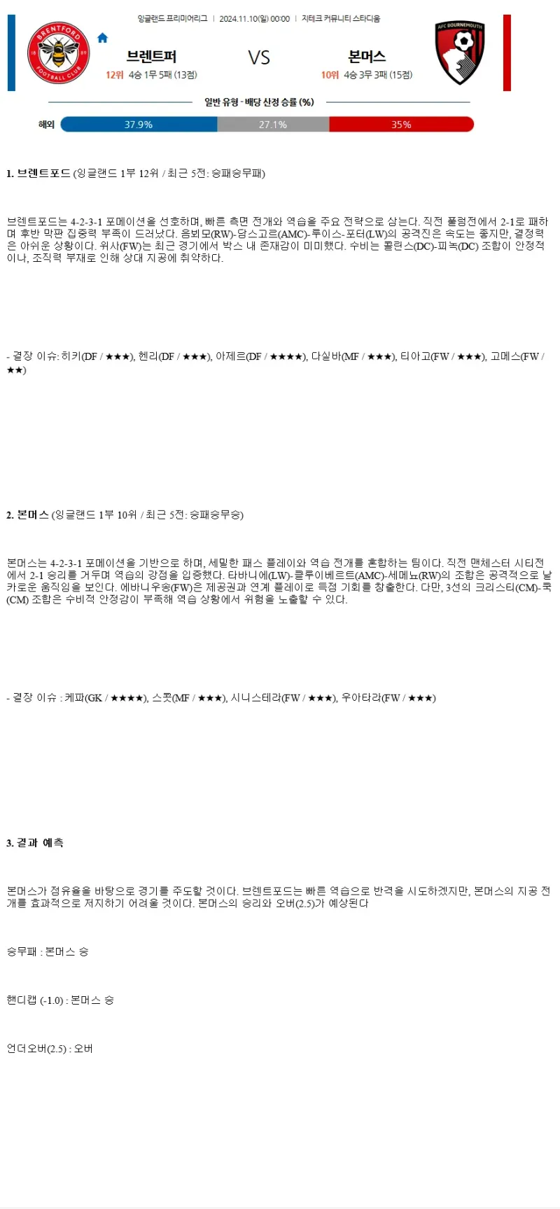 2024년11월10일 브렌트퍼드 FC AFC 본머스 스포츠 중계 및 분석 올스티비