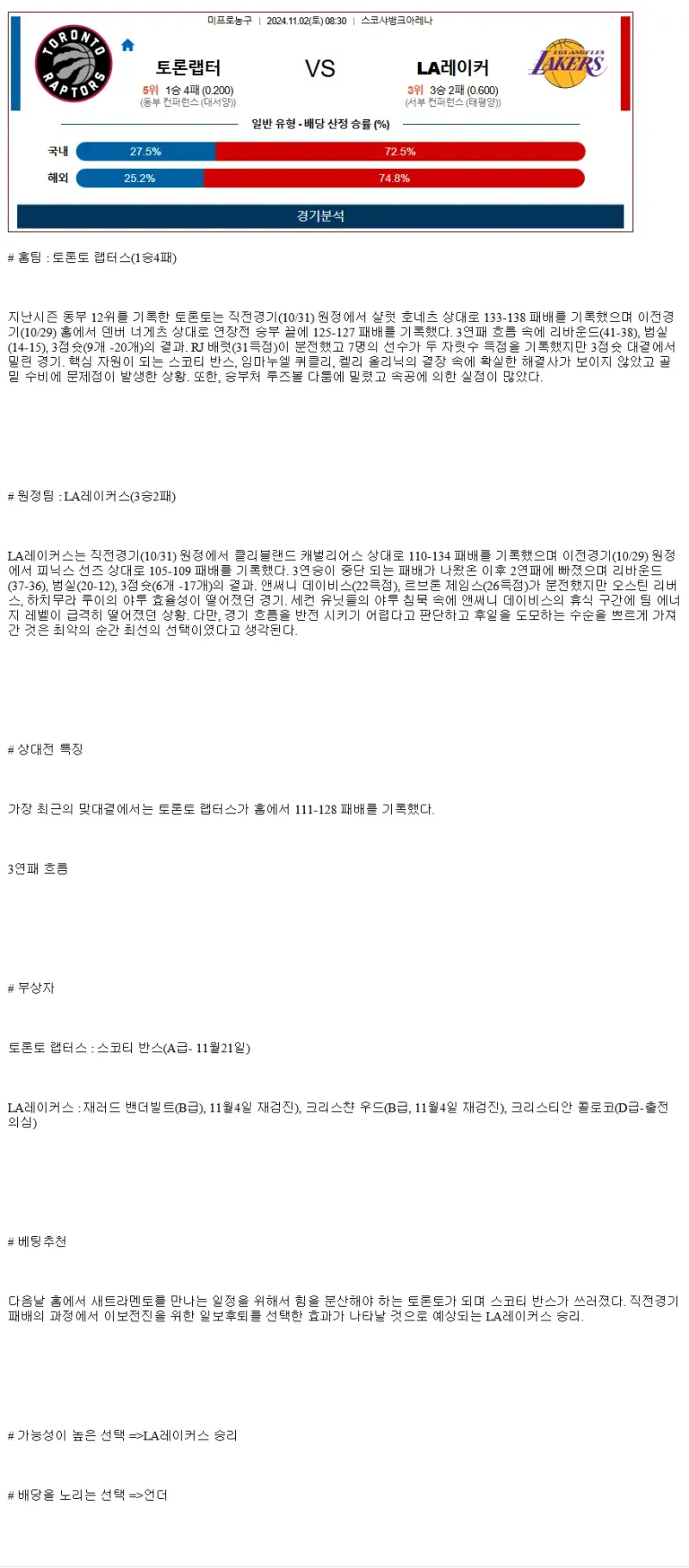 2024년11월2일 토론토 랩터스 LA 레이커스 NBA 중계 및 분석 올스티비