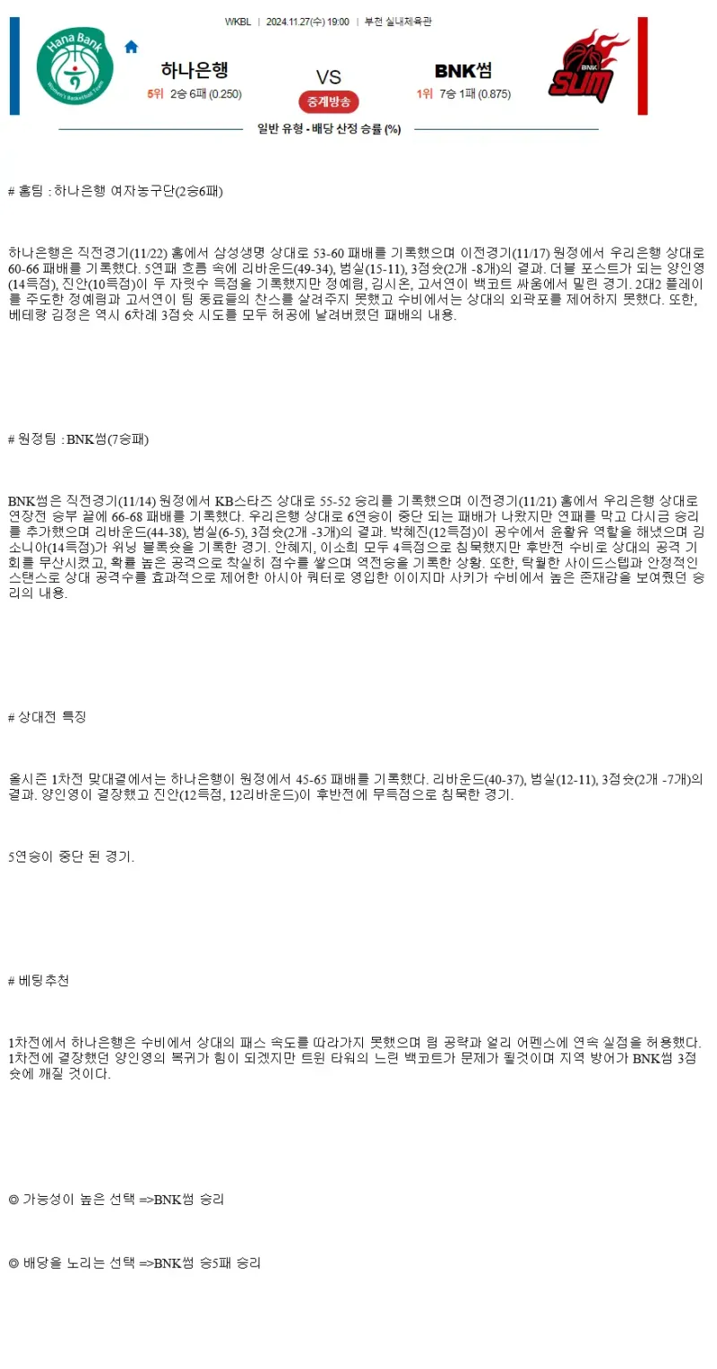 2024년11월27일 부천 하나은행 BNK 썸 KBL 올스티비