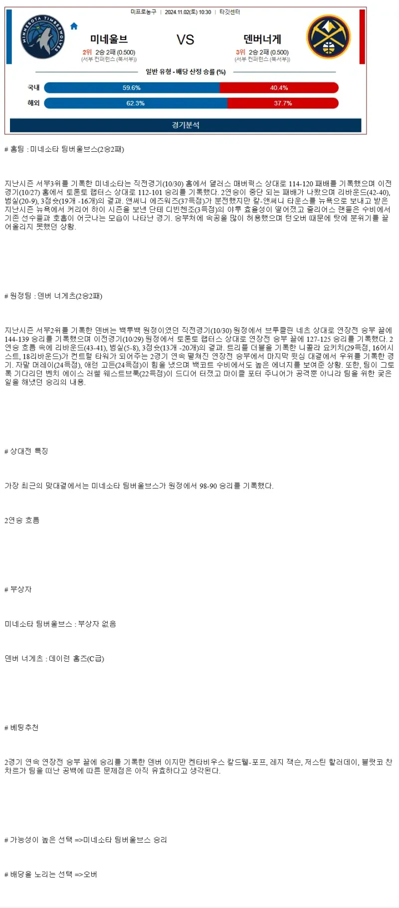 2024년11월2일 미네소타 팀버울브스 덴버 너게츠 농구 중계 및 분석 올스티비