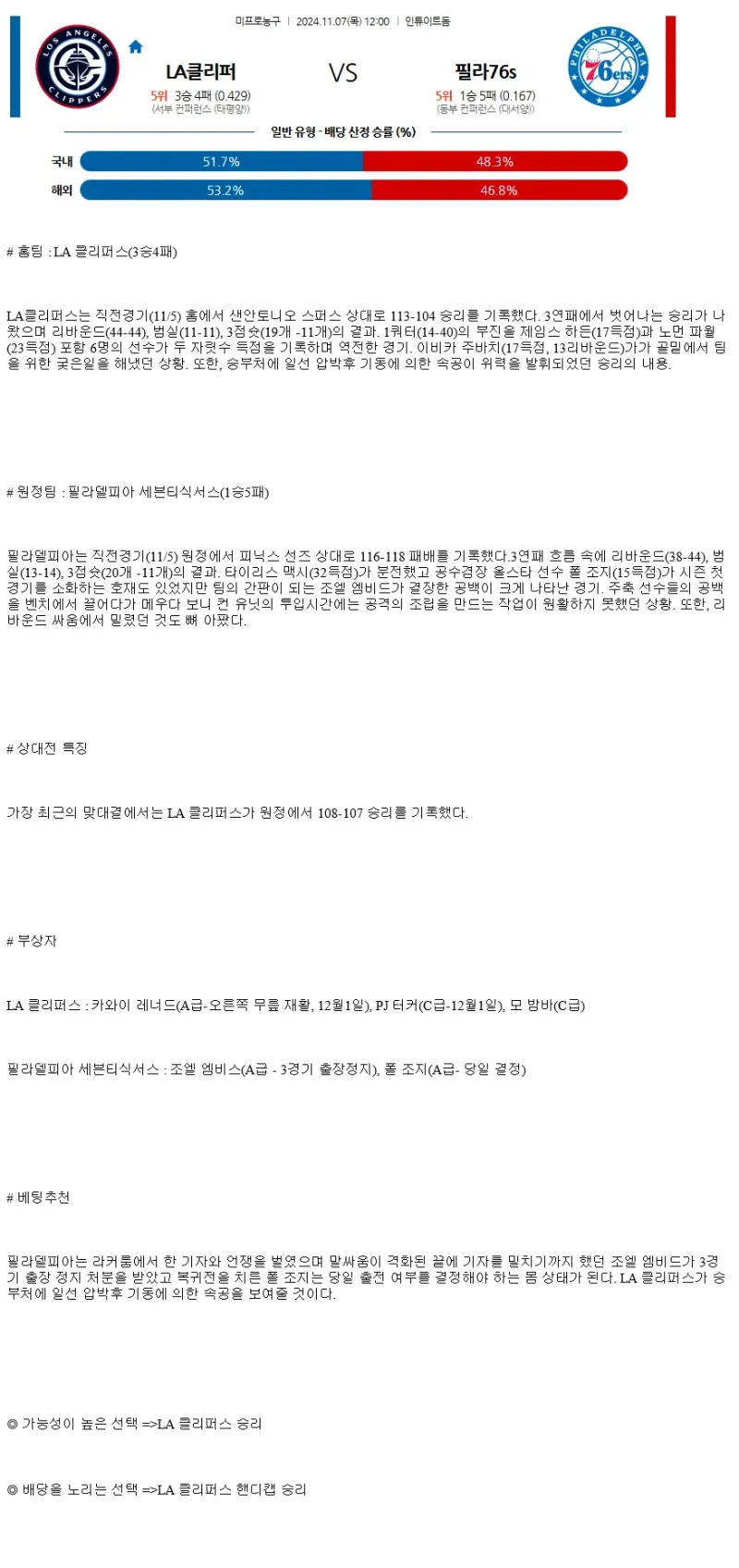 2024년11월7일 LA 클리퍼스 필라델피아 세븐티식서스 NBA 올스티비