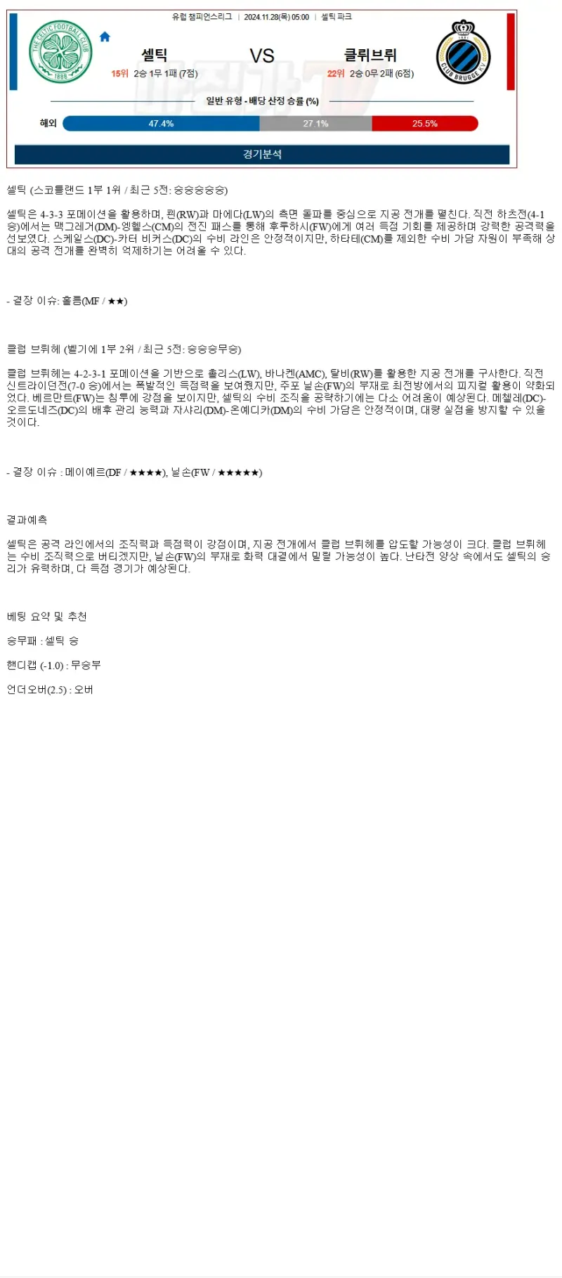 2024년11월28일 셀틱 FC 클럽 브뤼헤 KV 해외축구 중계 및 분석 올스티비