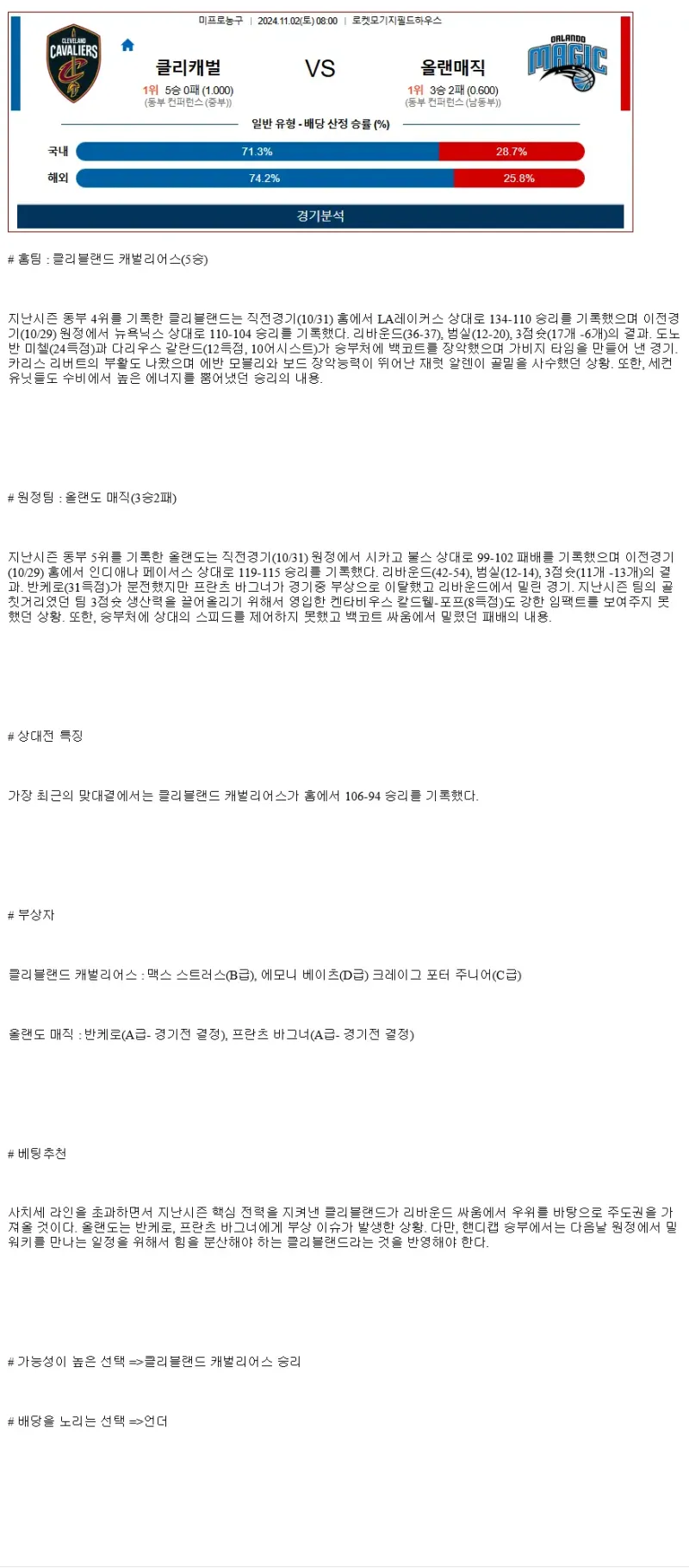 2024년11월2일 클리블랜드 캐벌리어스 올랜도 매직 농구 중계 및 분석 올스티비