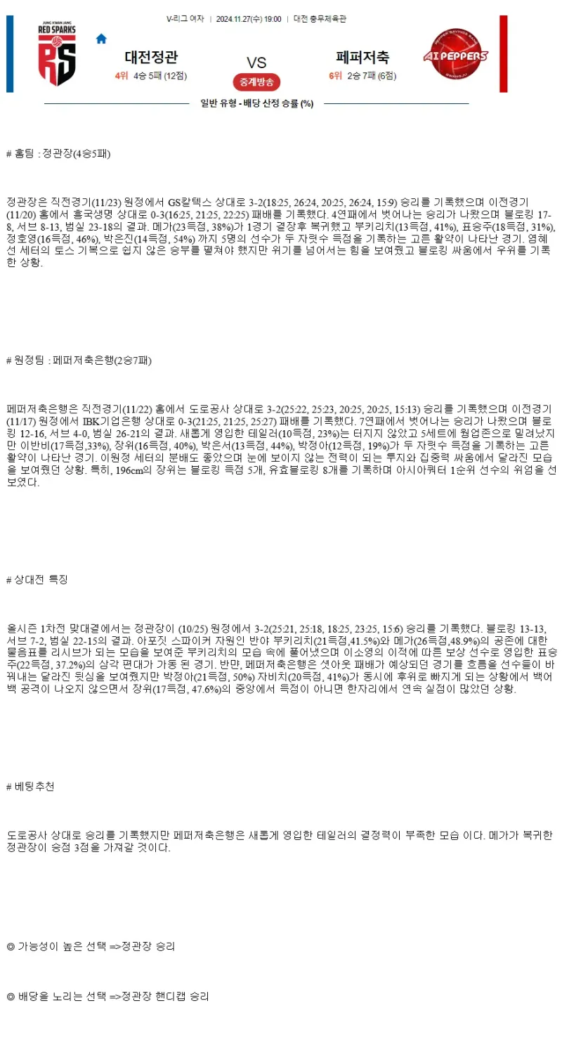 2024년 11월 27일 정관장 레드스파크스 페퍼저축은행 AI 페퍼스 배구단 배구 분석 및 중계 올스티비