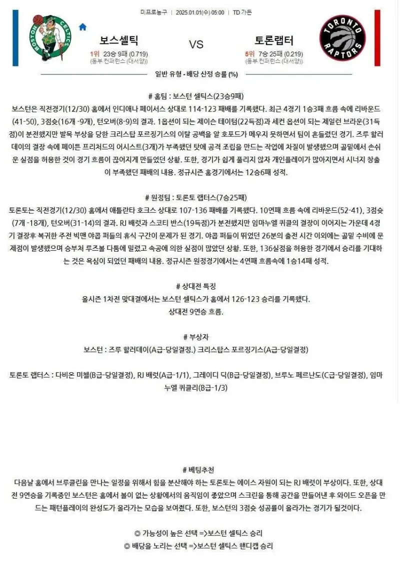 2025년1월1일 보스턴 셀틱스 토론토 랩터스 해외농구 중계 및 분석 올스티비