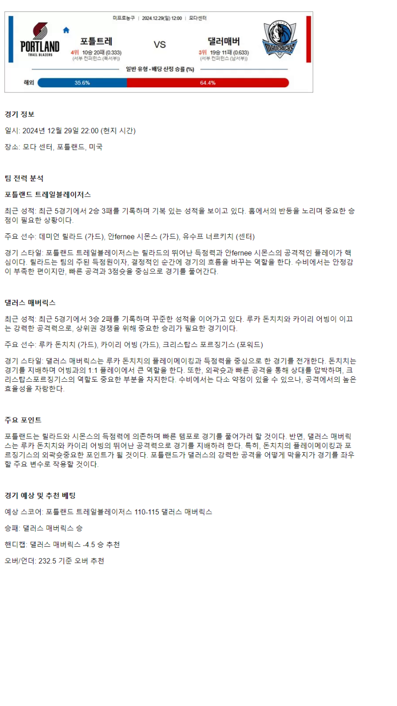 2024년12월29일 포틀랜드 트레일 블레이저스 댈러스 매버릭스 해외농구 중계 및 분석 올스티비