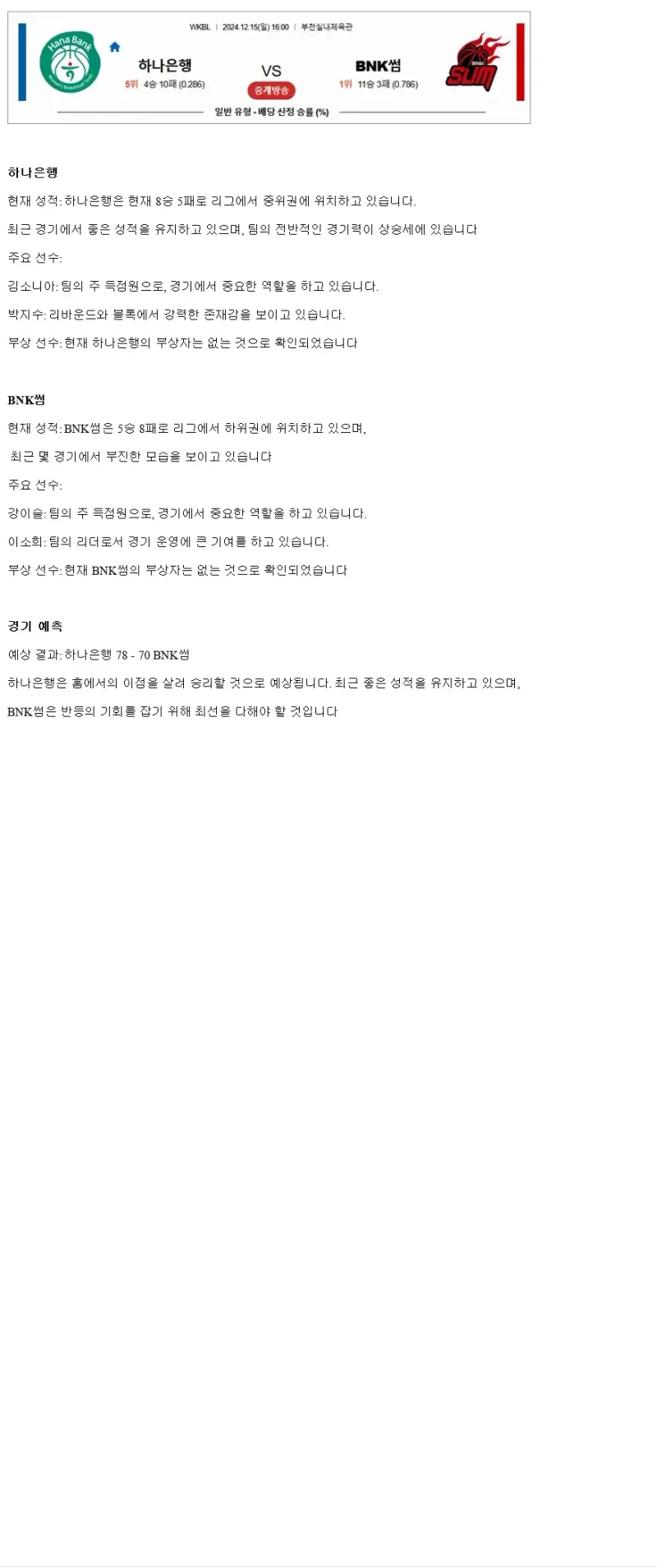 2024년12월15일 부천 하나은행 BNK 썸 KBL 올스티비