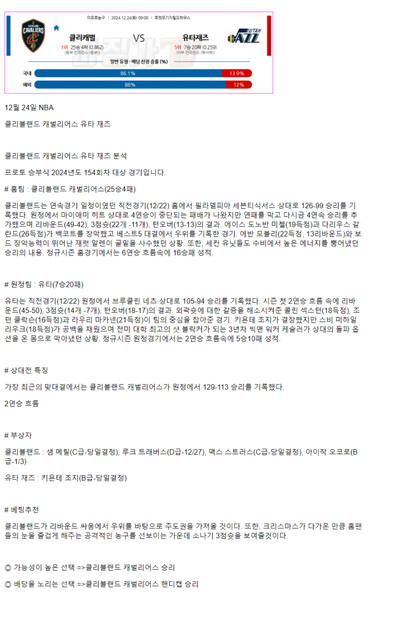 2024년12월24일 클리블랜드 캐벌리어스 유타 재즈 NBA 중계 및 분석 올스티비