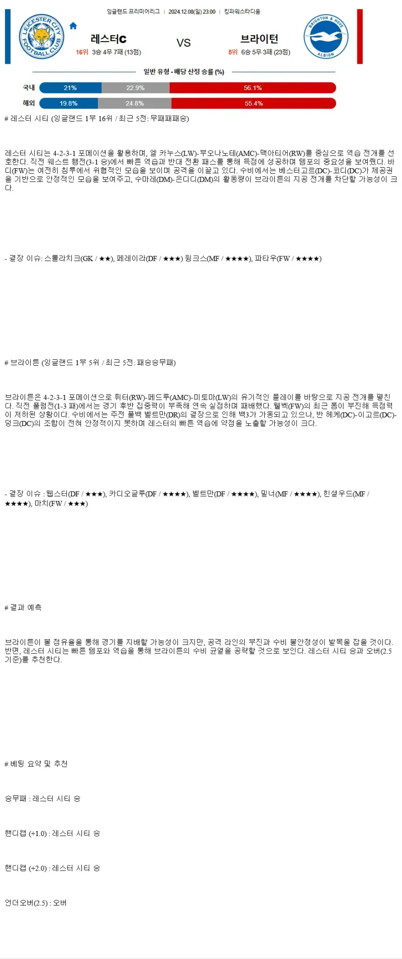 2024년12월8일 레스터 시티 FC 브라이턴 앤 호브 알비온 FC 해외스포츠 분석 및 중계 올스티비
