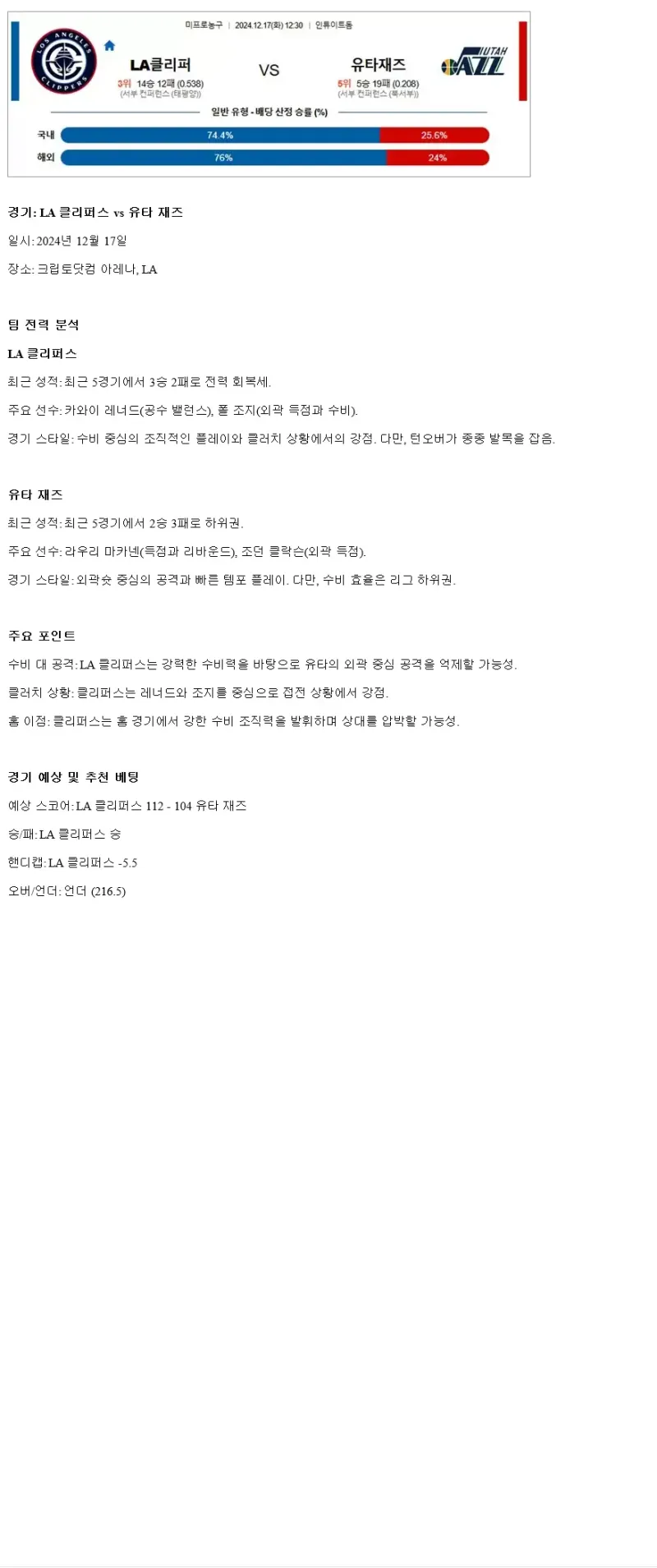 2024년12월17일 LA 클리퍼스 유타 재즈 NBA 중계 및 분석 올스티비
