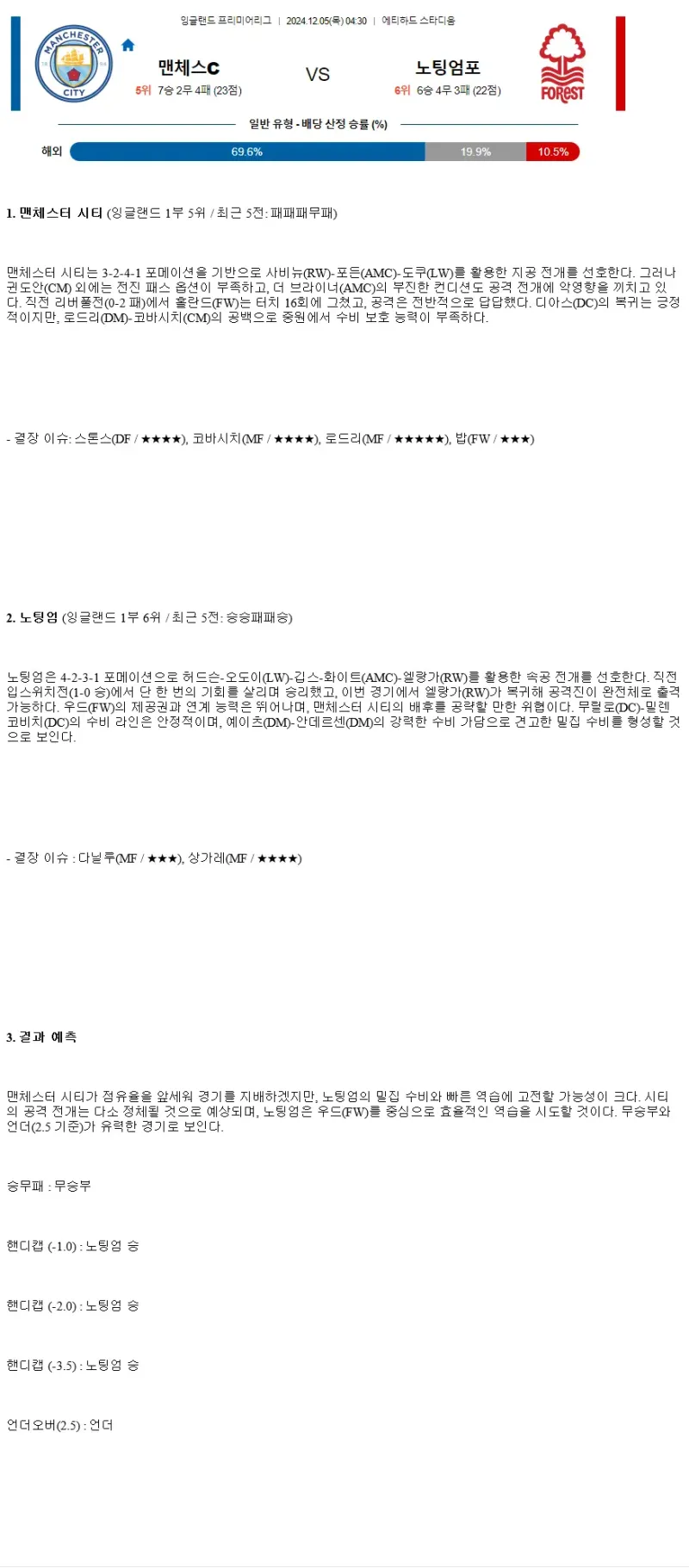 2024년12월5일 맨체스터 시티 FC 노팅엄 포레스트 FC 스포츠 중계 및 분석 올스티비