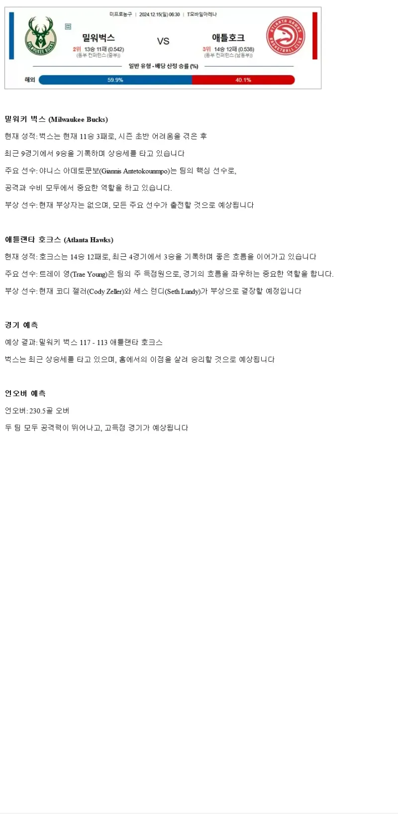 2024년12월15일 밀워키 벅스 애틀랜타 호크스 미국농구 분석 및 중계 올스티비