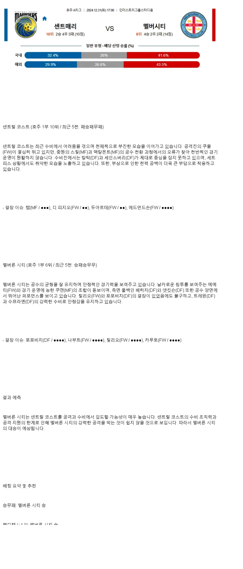 2024년12월31일 센트럴코스트 멜버른시티 스포츠 중계 및 분석 올스티비