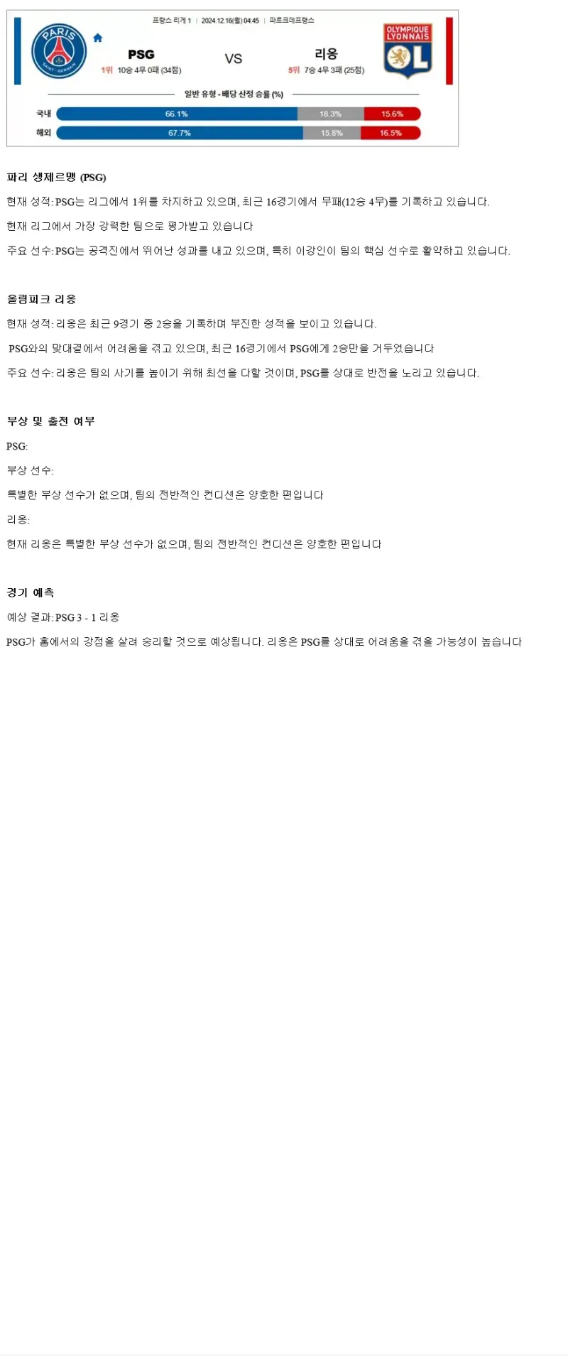 2024년12월16일 파리 생제르맹 FC 올랭피크 리옹 해외스포츠 중계 및 분석 올스티비