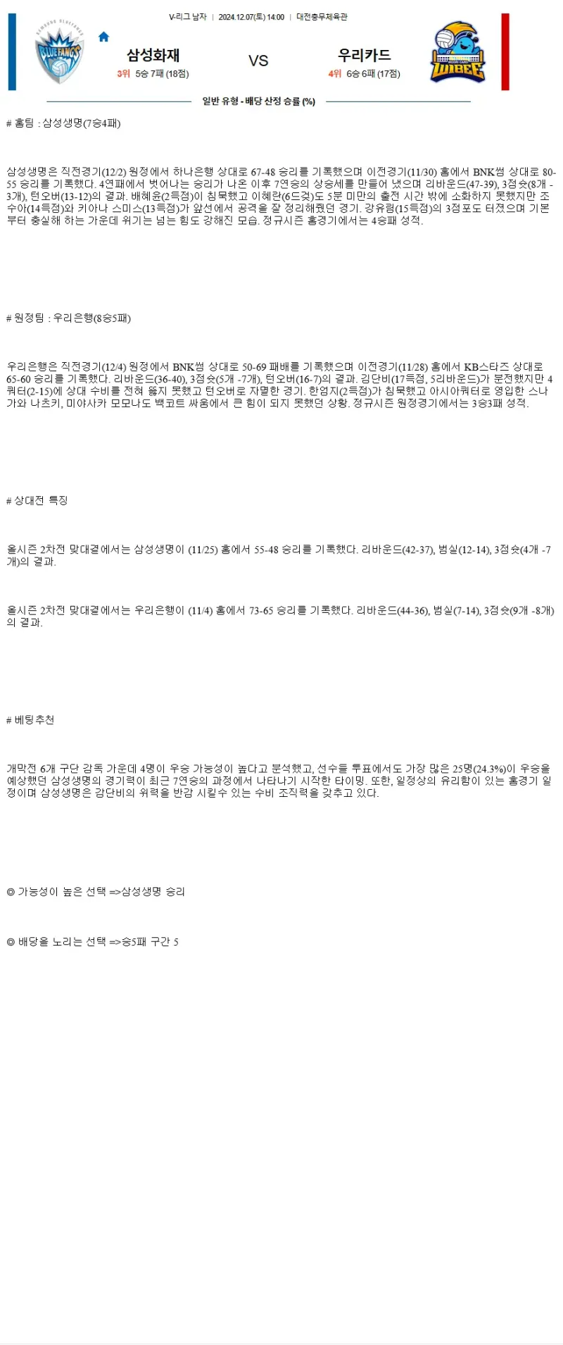 2024년 12월 07일 삼성화재 블루팡스 배구단 우리카드 우리WON 배구단 배구 분석 및 중계 올스티비