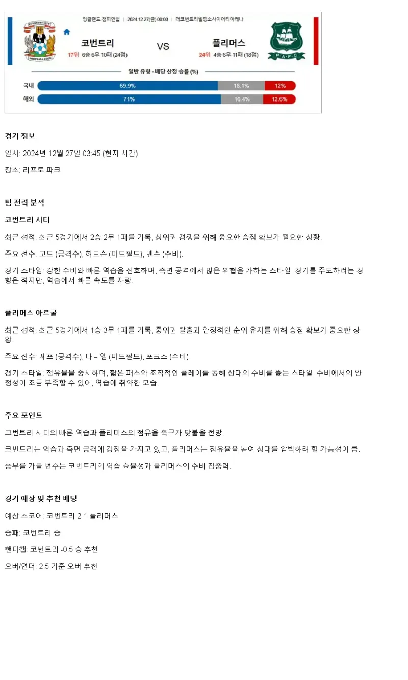 2024년12월27일 코번트리 플리머스 해외축구 중계 및 분석 올스티비