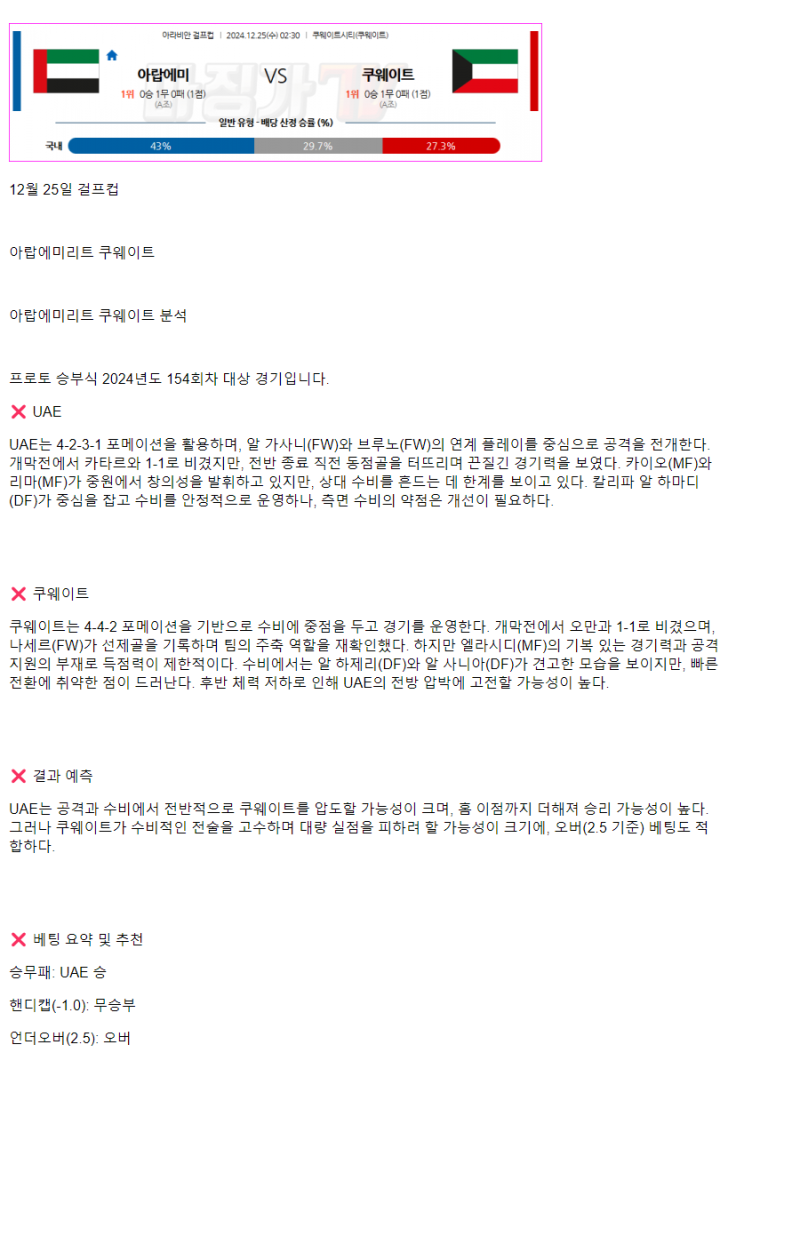 2024년 12월 24일 아랍에미리트 쿠웨이트 쿠웨이트 걸프컵 스포츠 분석 및 중계 올스티비