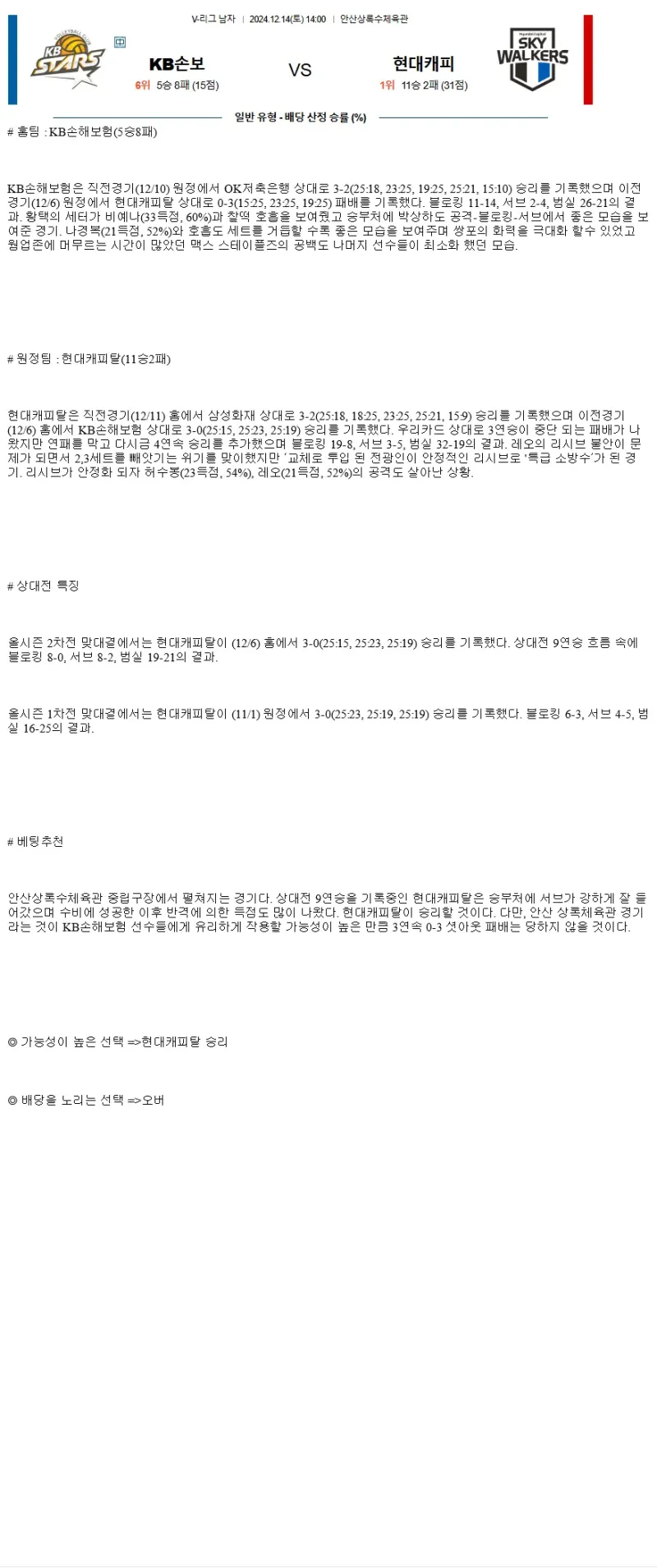 2024년 12월 14일 KB손해보험 스타즈 배구단 현대캐피탈 스카이워커스 배구단 배구 중계 및 분석 올스티비