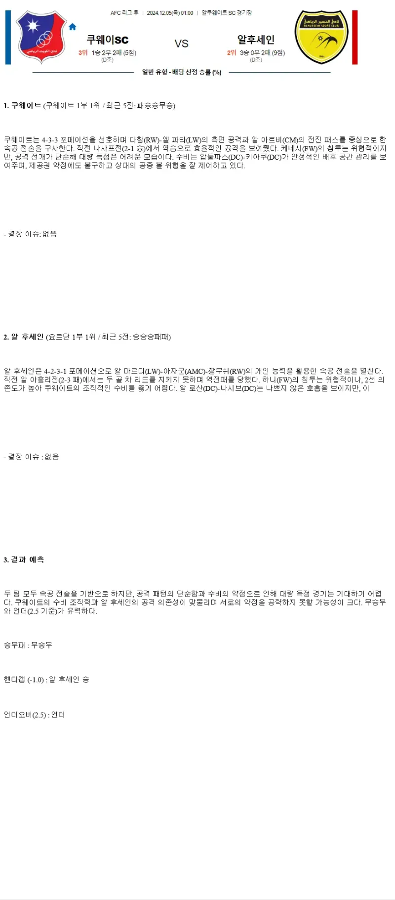 2024년12월5일 쿠웨이트 SC 알 후세인 SC 해외축구 분석 및 중계 올스티비