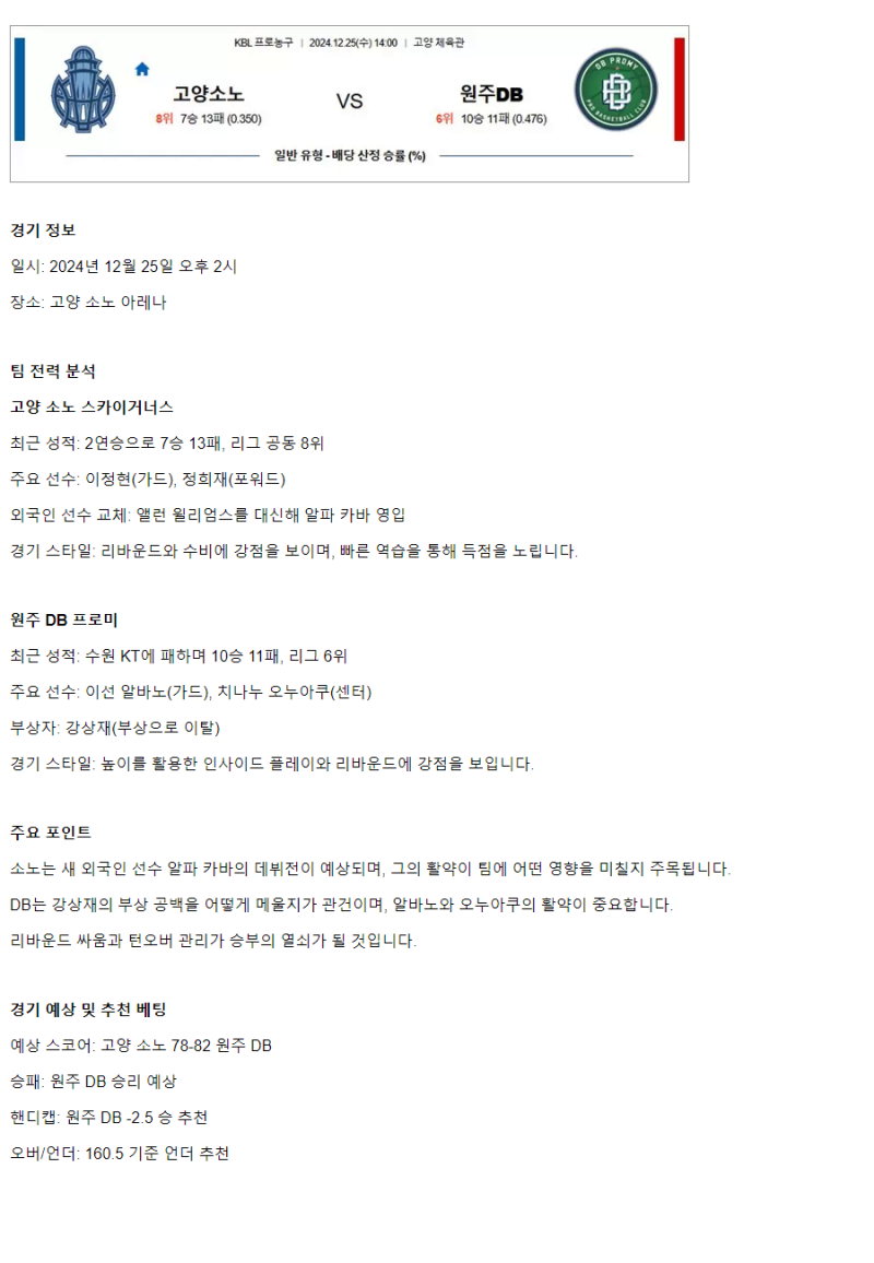 2024년12월25일 스카이거너스 원주 DB 프로미 KBL 올스티비