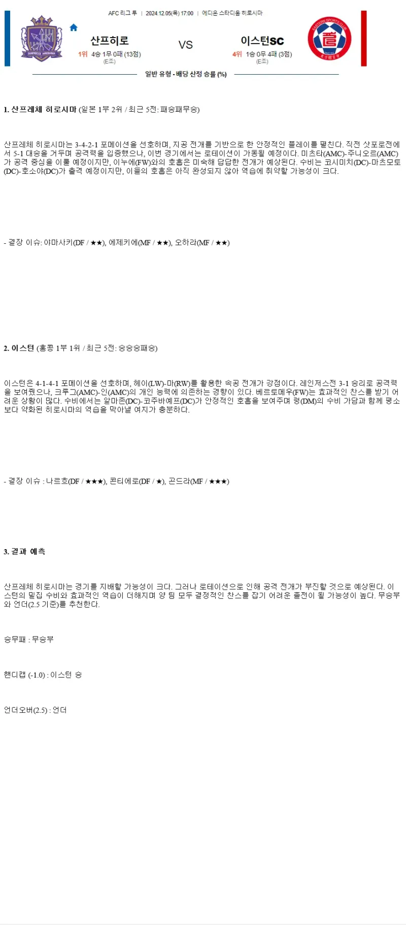 2024년12월5일 산프레체 히로시마 이스턴 SC 해외스포츠 분석 및 중계 올스티비