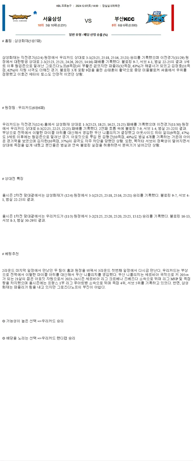 2024년12월7일 서울 삼성 썬더스 부산 KCC 이지스 NBA 분석 및 중계 올스티비