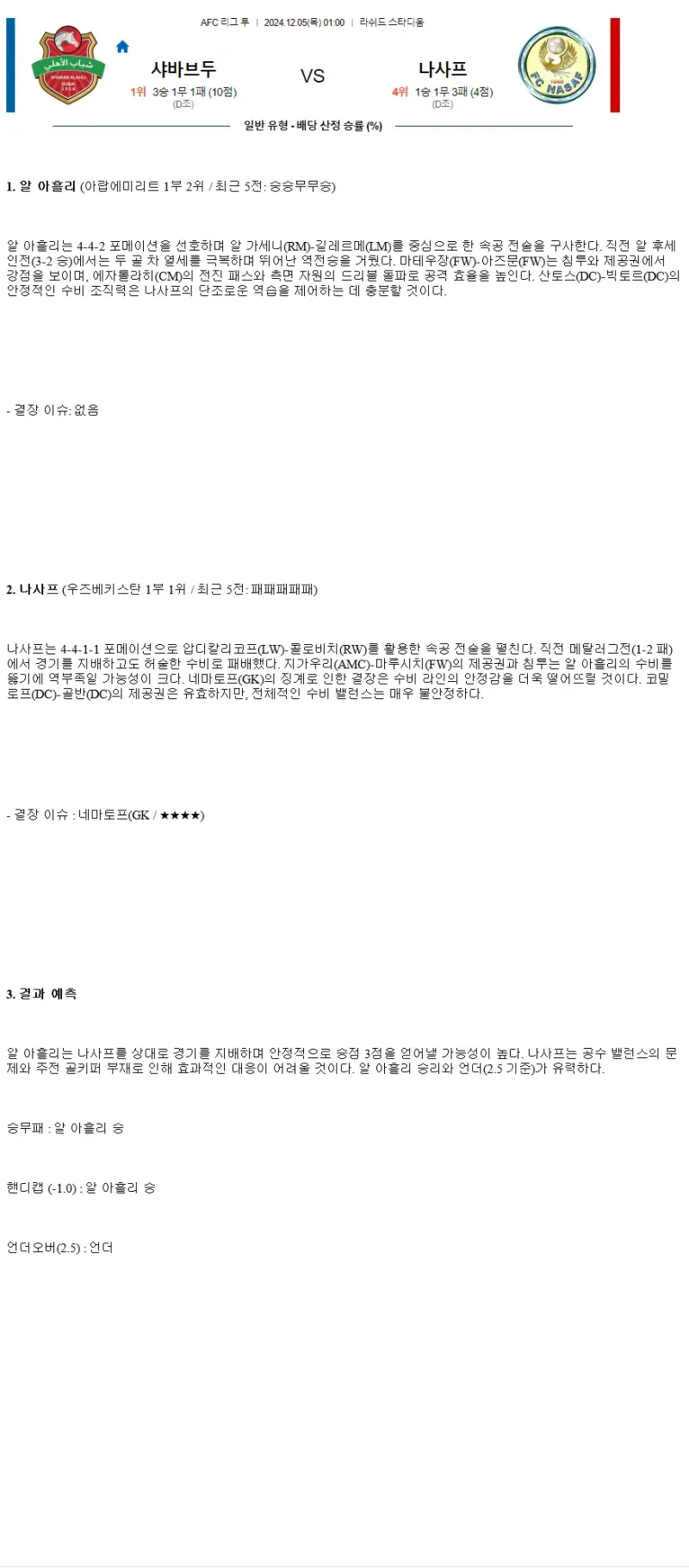 2024년12월5일 샤바브 알아흘리 나사프 카르시 해외스포츠 분석 및 중계 올스티비
