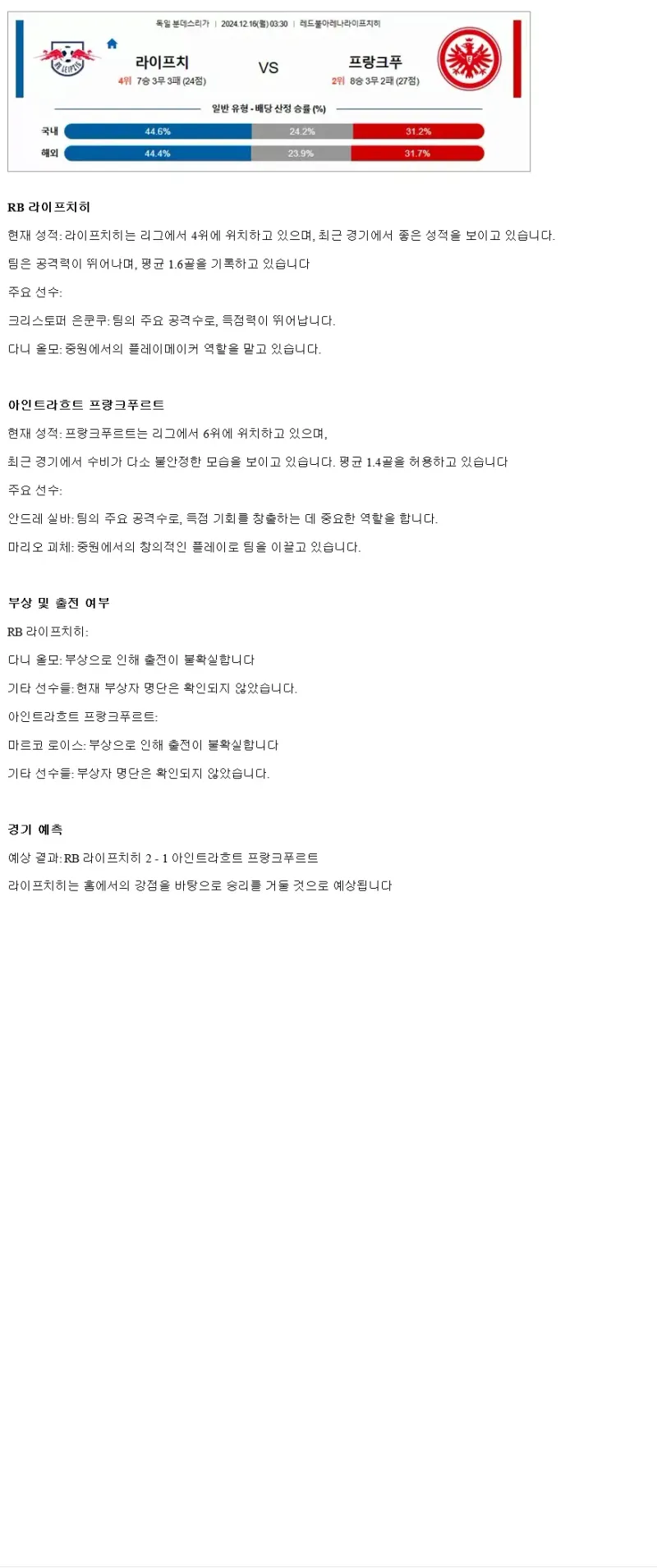 2024년12월16일 라젠발스포르트 라이프치히 아인트라흐트 프랑크푸르트 스포츠 중계 및 분석 올스티비