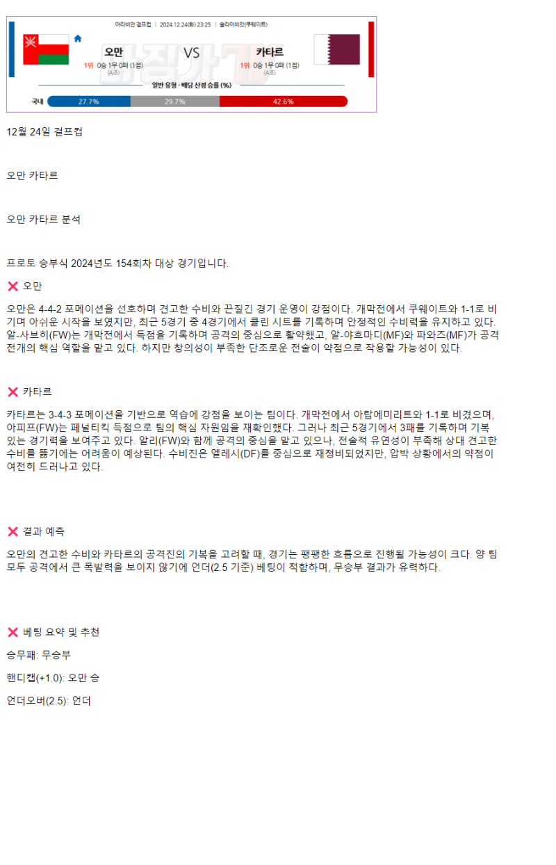 2024년 12월 24일 오만 카타르 아라비안 걸프컵 스포츠 중계 및 분석 올스티비