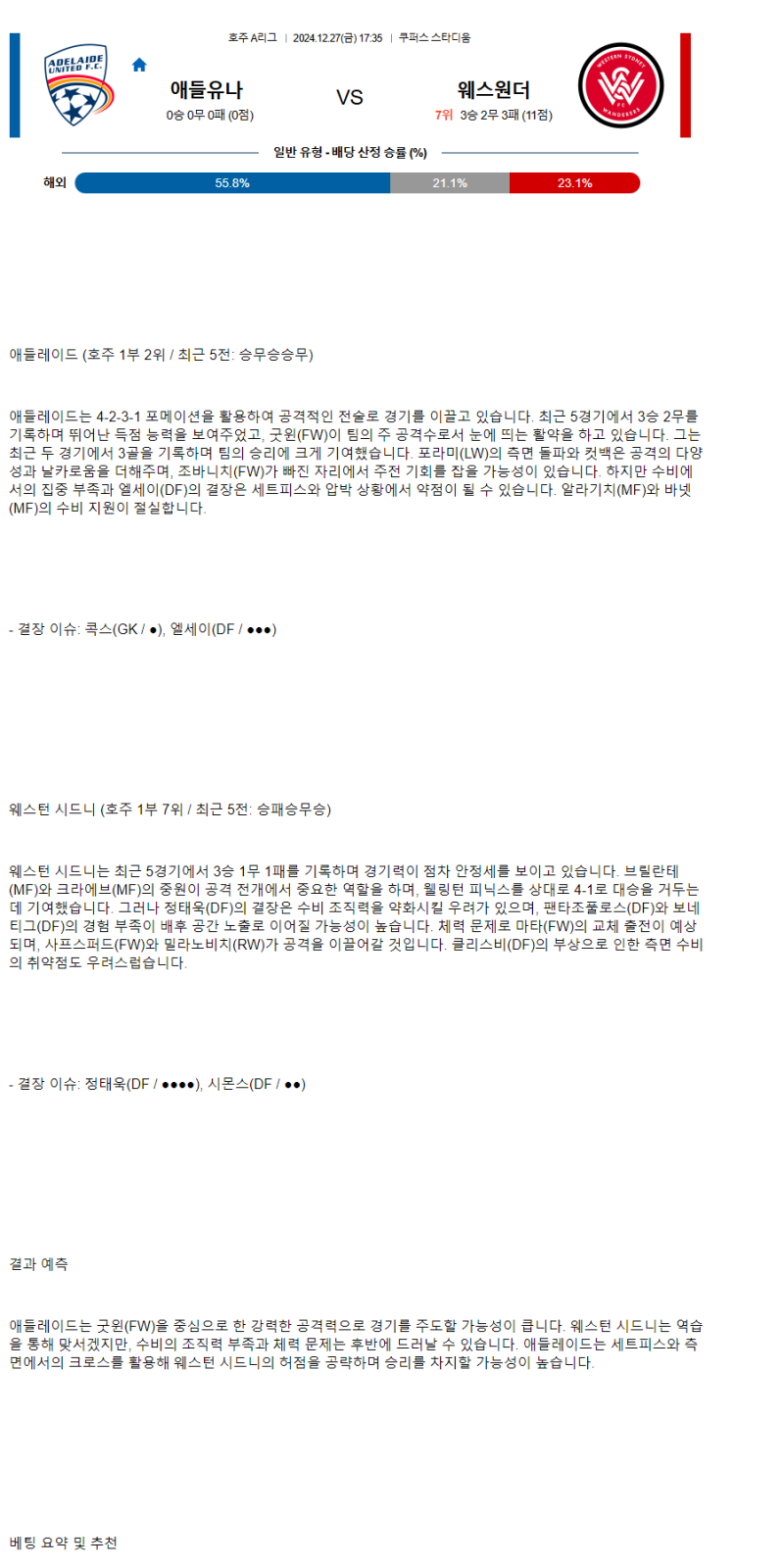 2024년12월27일 애들레이드 웨스턴시드니 스포츠 중계 및 분석 올스티비