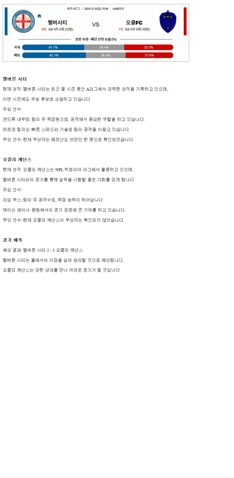 2024년12월15일 멜버른 시티 오클리 캐넌스 해외축구 중계 및 분석 올스티비