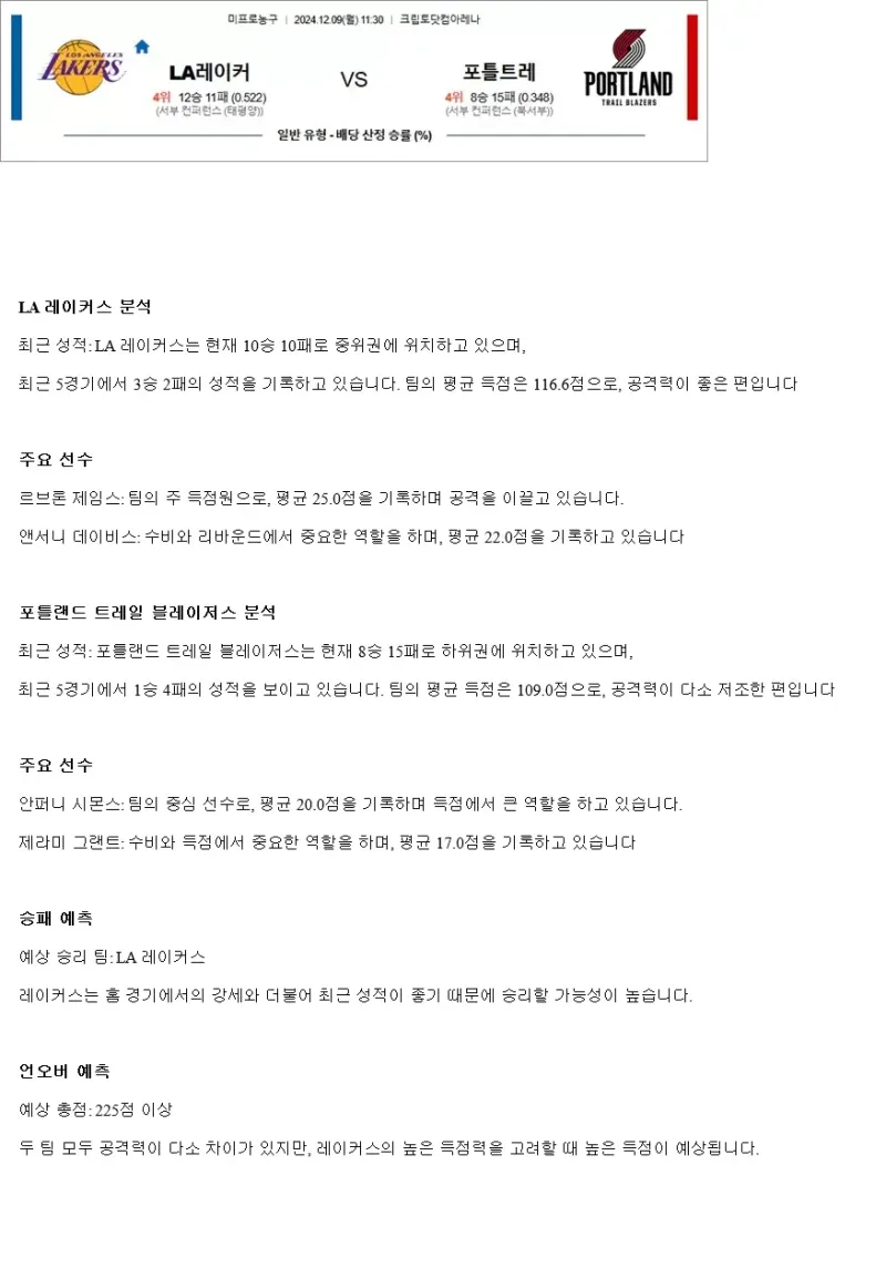 2024년12월9일 LA 레이커스 포틀랜드 트레일 블레이저스 해외농구 분석 및 중계 올스티비