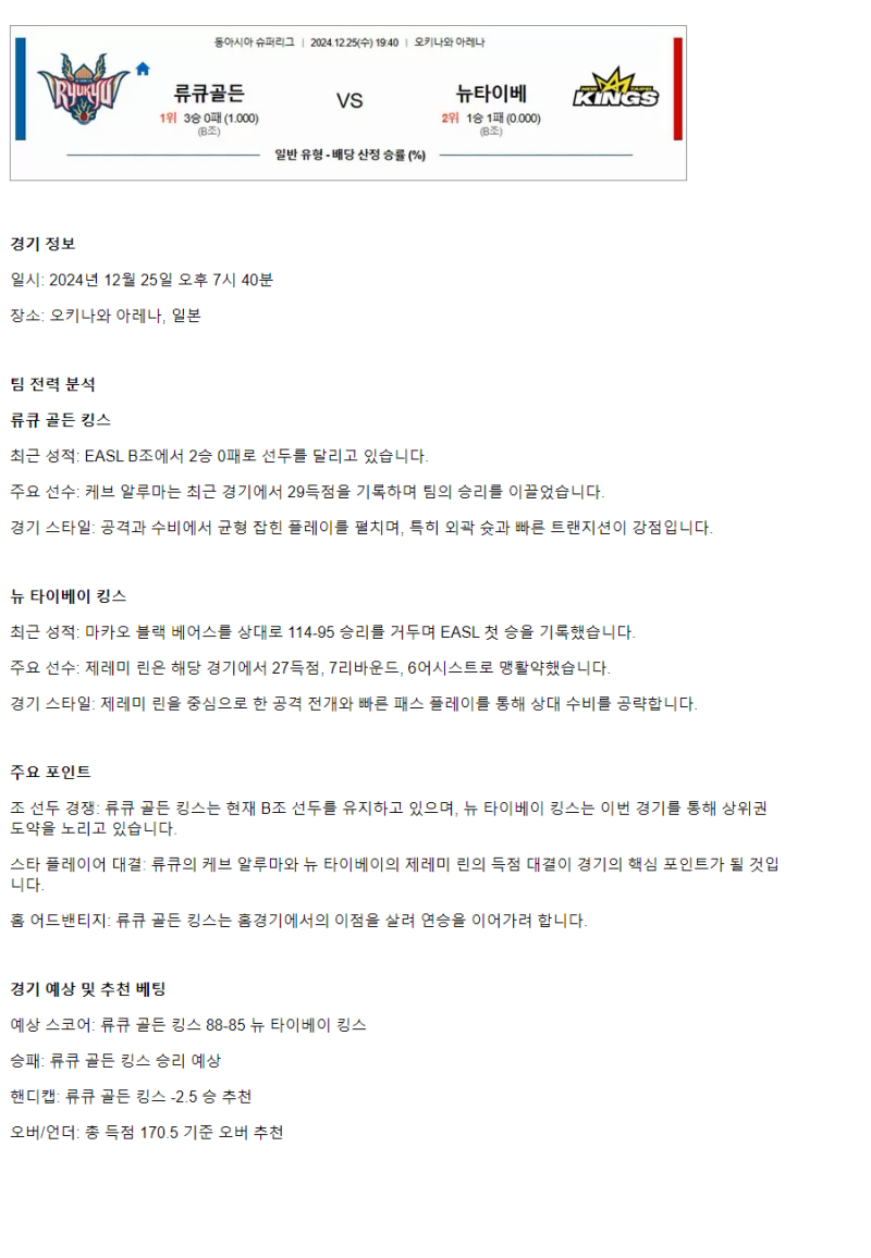 2024년12월25일 류큐 골든 킹스 뉴 타이베이 킹스 동아시아 슈퍼리그 KBL 올스티비