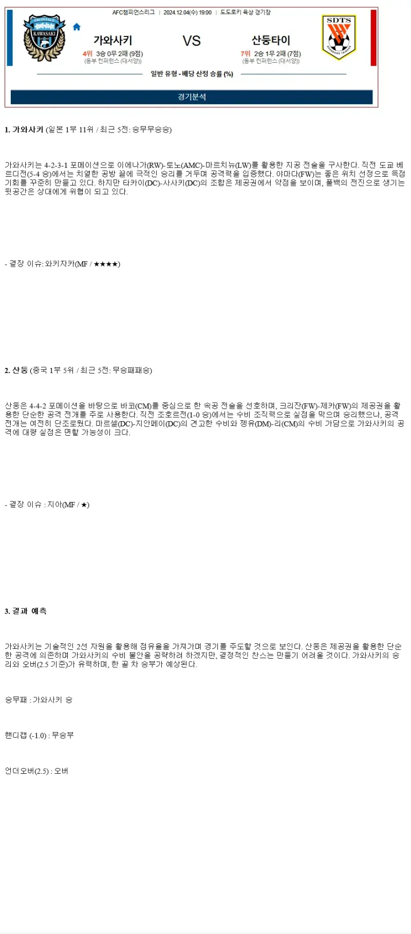 2024년12월4일 가와사키 산둥 해외스포츠 중계 및 분석 올스티비