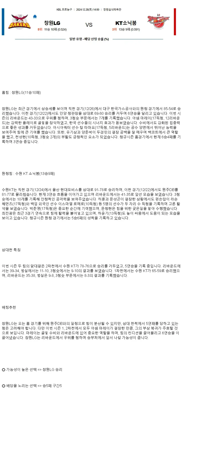 2024년12월28일 창원 LG 세이커스 수원 KT 소닉붐 KBL 올스티비