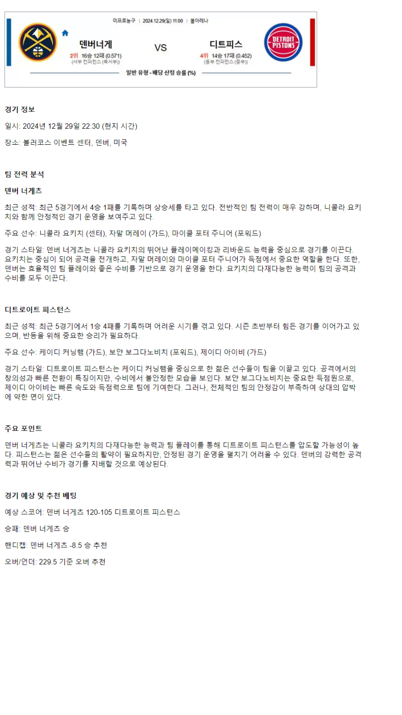 2024년12월29일 덴버 너게츠 디트로이트 피스톤스 NBA 분석 및 중계 올스티비