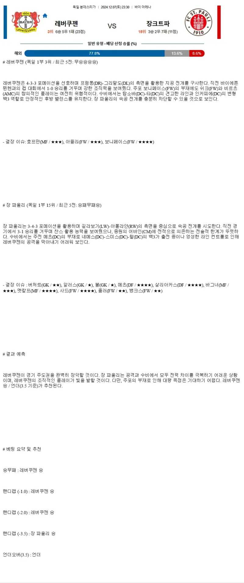 2024년12월7일 TSV 바이엘 04 레버쿠젠 FC 상 파울리 폰 1910 해외축구 분석 및 중계 올스티비