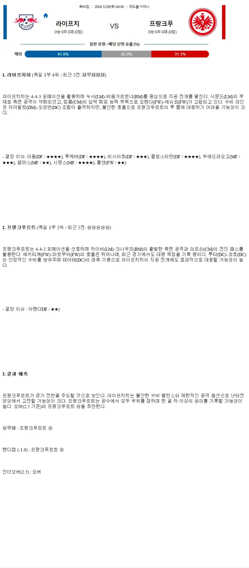 2024년12월5일 라이프치히 프랑크푸르트 해외스포츠 중계 및 분석 올스티비