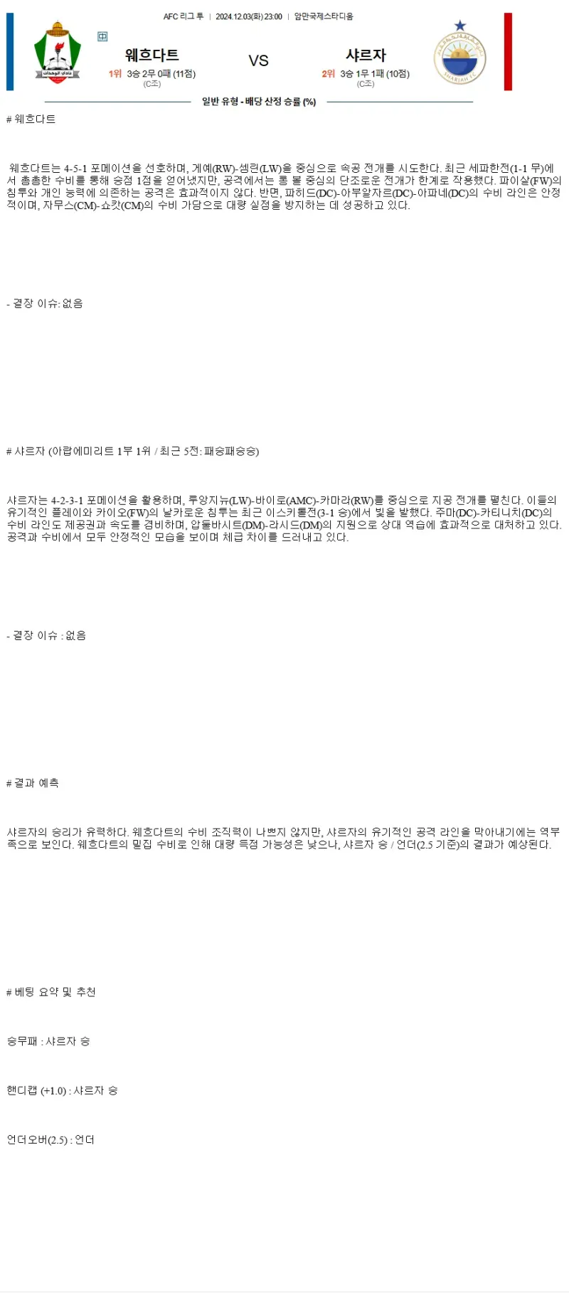 2024년12월3일 웨흐다트 샤르자 스포츠 분석 및 중계 올스티비