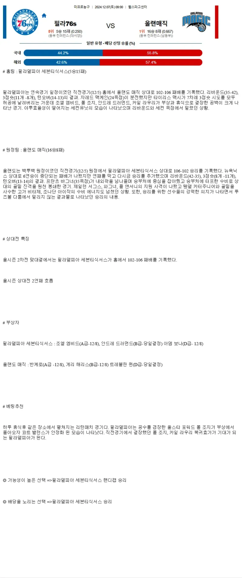 2024년12월7일 필라델피아 세븐티식서스 올랜도 매직 해외농구 중계 및 분석 올스티비