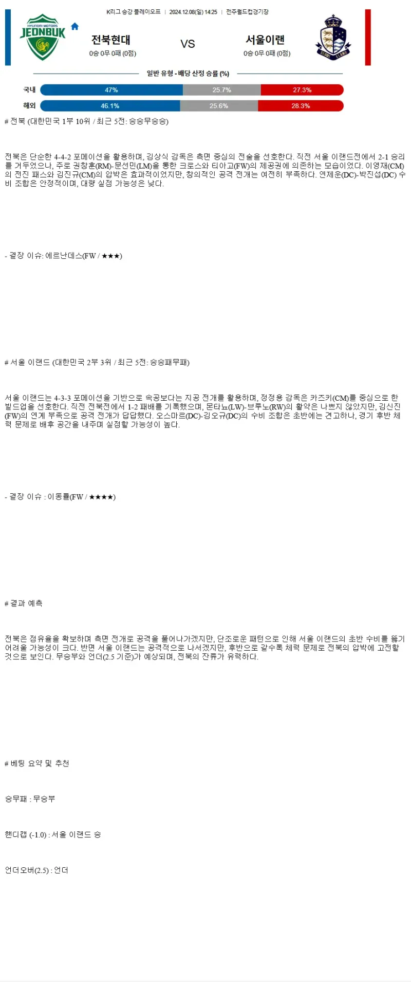 2024년12월8일 전북 현대 모터스 서울E 스포츠 분석 및 중계 올스티비