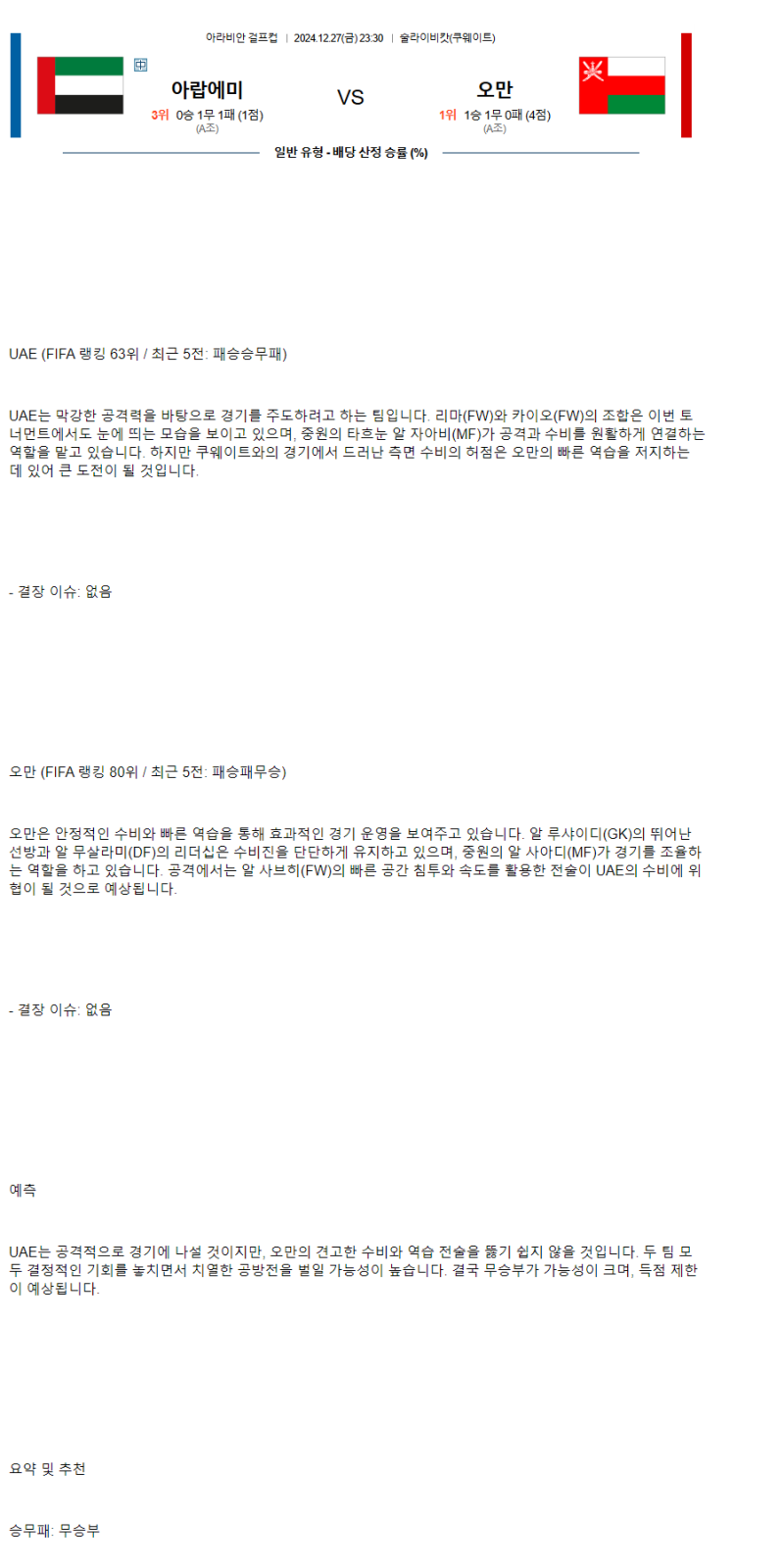 2024년12월27일 아랍에미리트 오만 해외스포츠 분석 및 중계 올스티비
