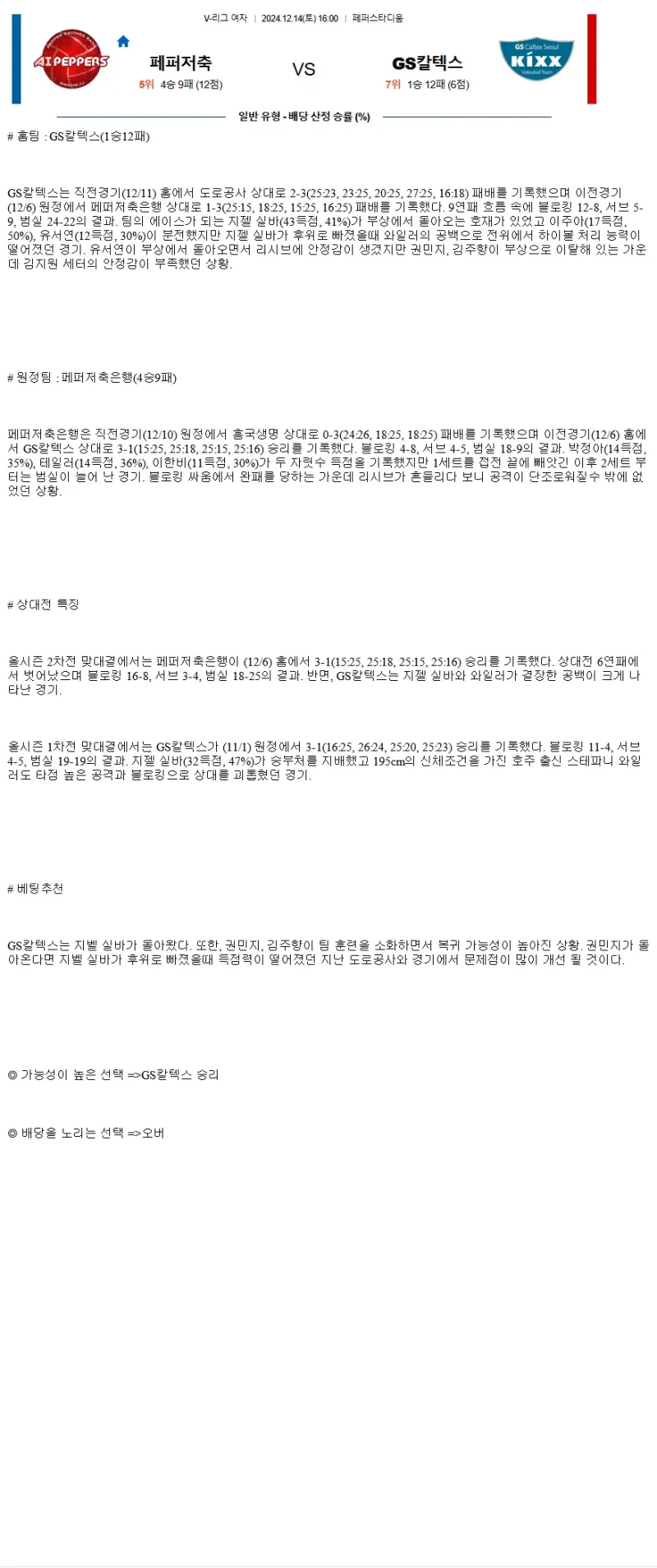 2024년 12월 14일 페퍼저축은행 AI 페퍼스 배구단 GS칼텍스 KIXX 배구단 배구 분석 및 중계 올스티비